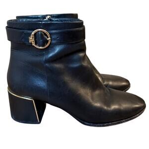 Tory Burch Sophia Ankle Boots Leather Heel Gold Logo Buckle Black Size 10.5